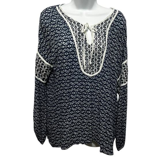 Fever Womens Boho Peasant Top XL Blue Embroidered Rayon Cottagecore Hippie Style - Picture 1 of 10